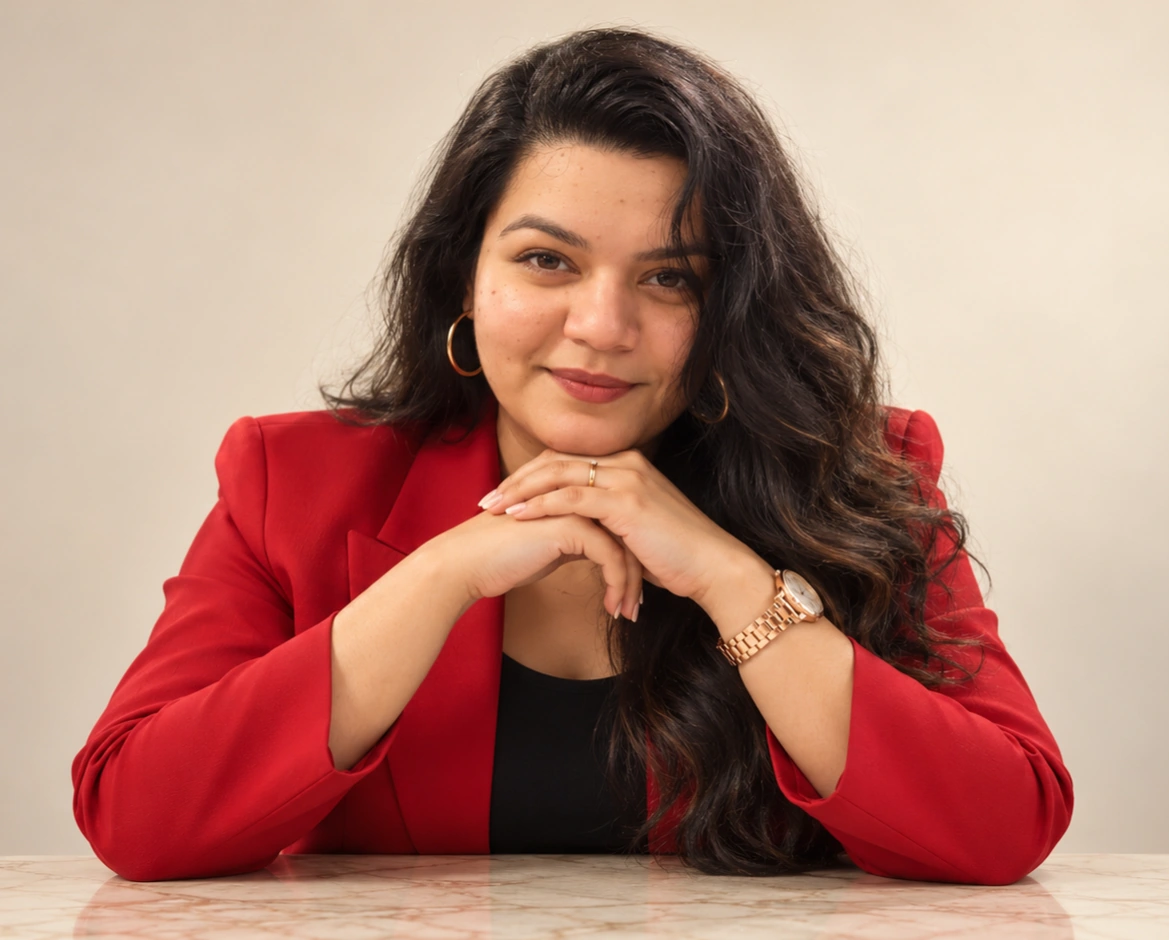 Amanda Doggett, founder of The Regulation Collective, wearing a cherry-red blazer