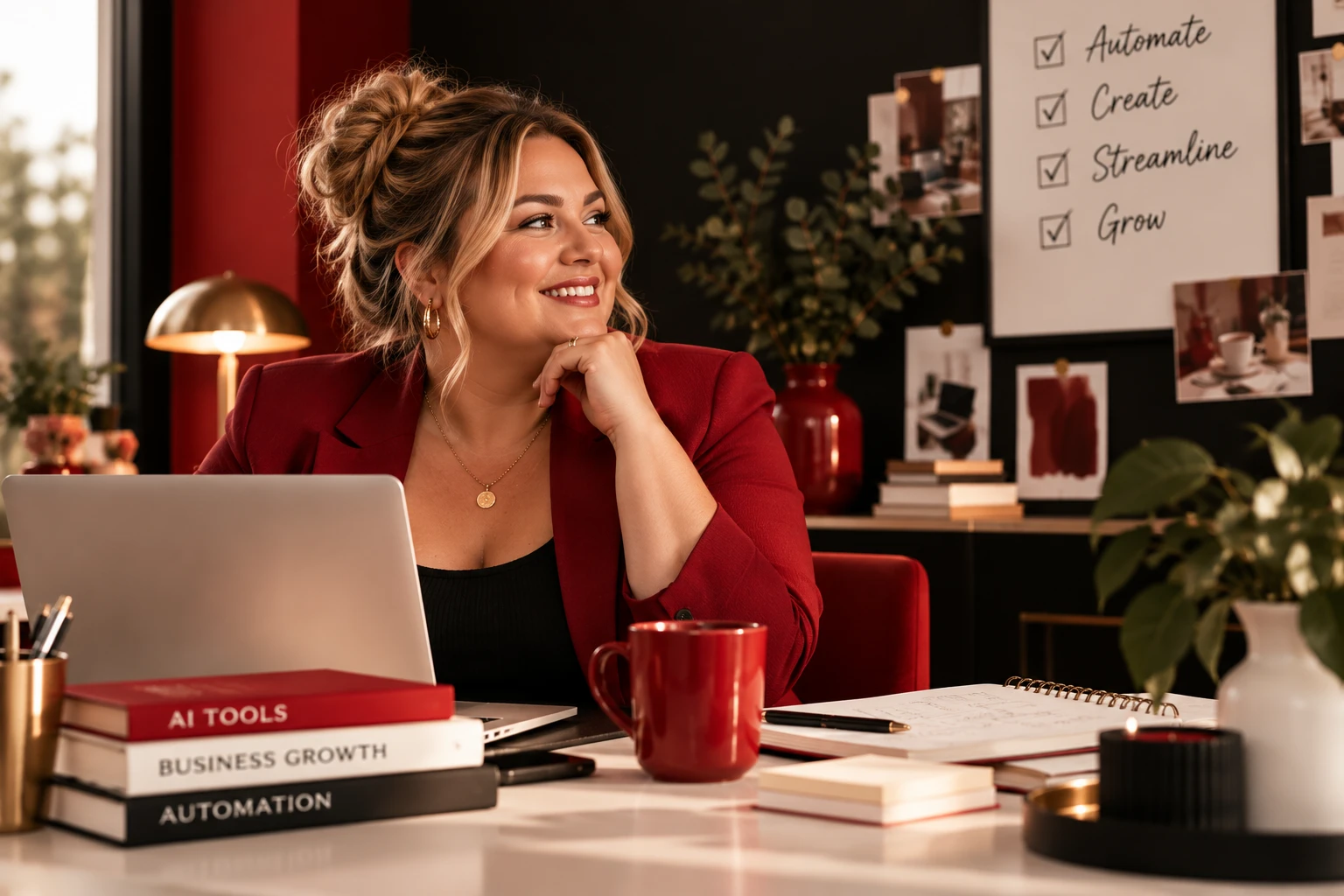 Business owner in a cherry-red blazer working at her laptop