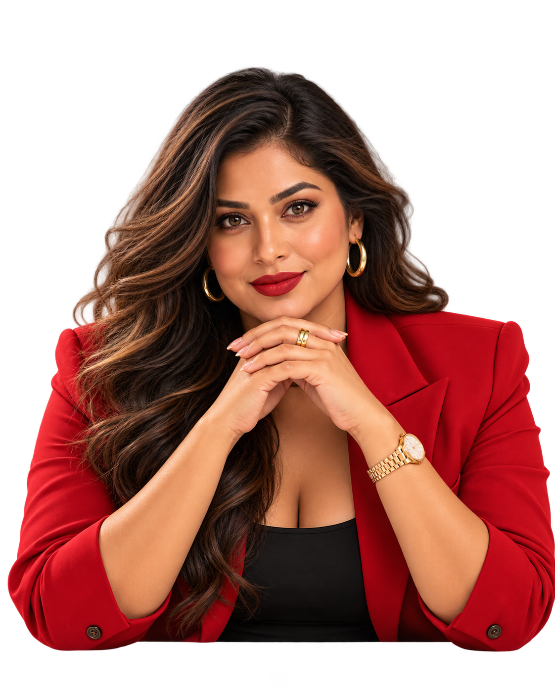 Woman in a cherry-red blazer leaning forward with her hands beneath her chin