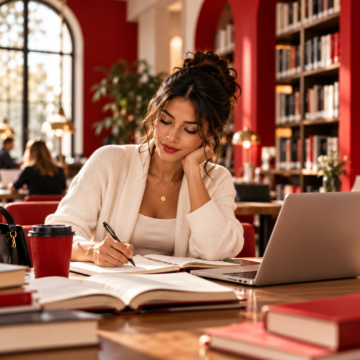 Woman writing in a planner beside her laptop in a warm library