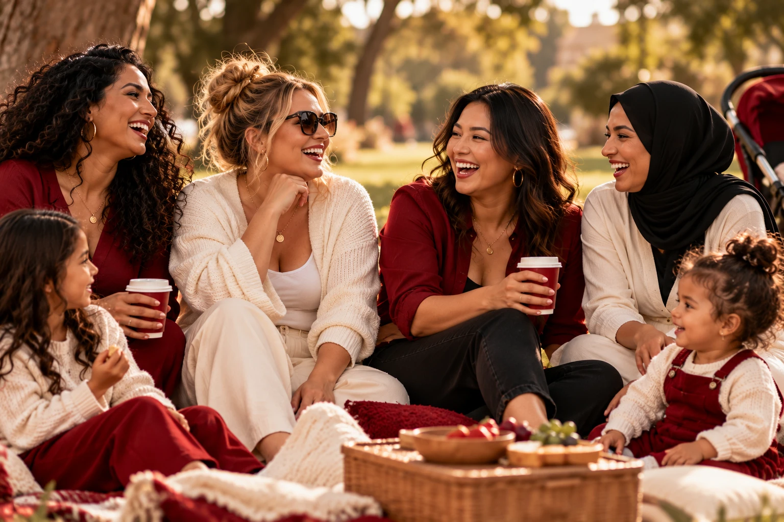 Women laughing together with their children at a park picnic